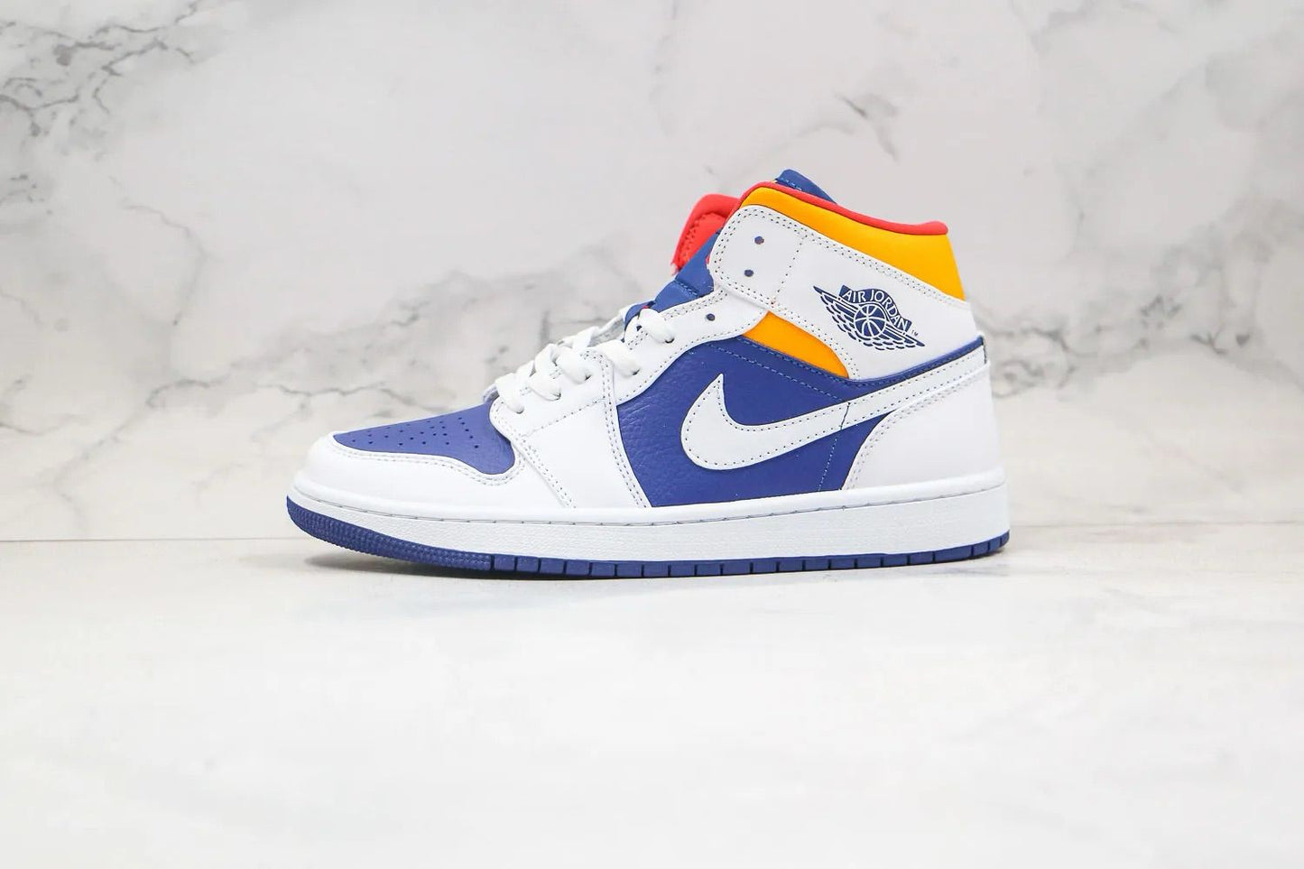 Air Jordan 1 Retro Mid Blanco Láser Naranja Deep Royal Azul